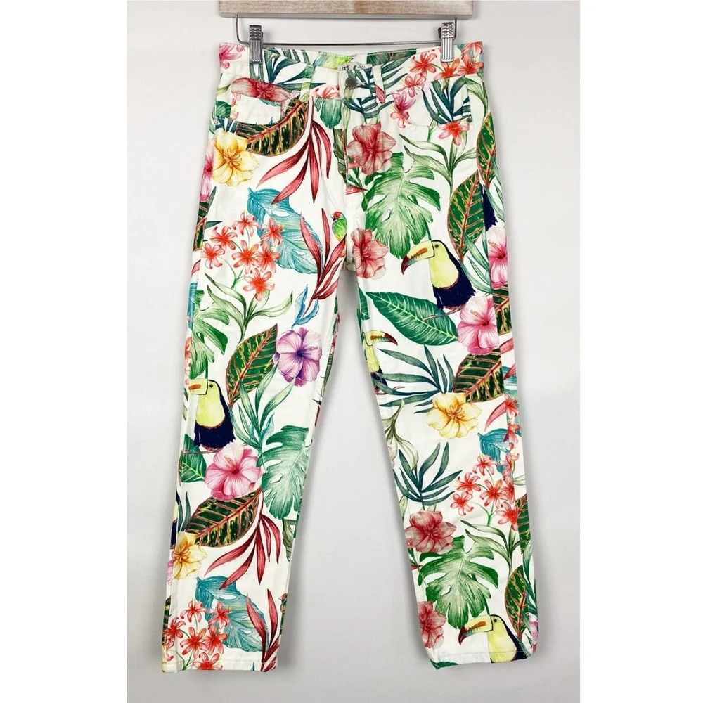 Zara Womens Pants 4 White Tropical Coastal Print Denim Straight Leg Crop Jeans - Picture 4 of 11